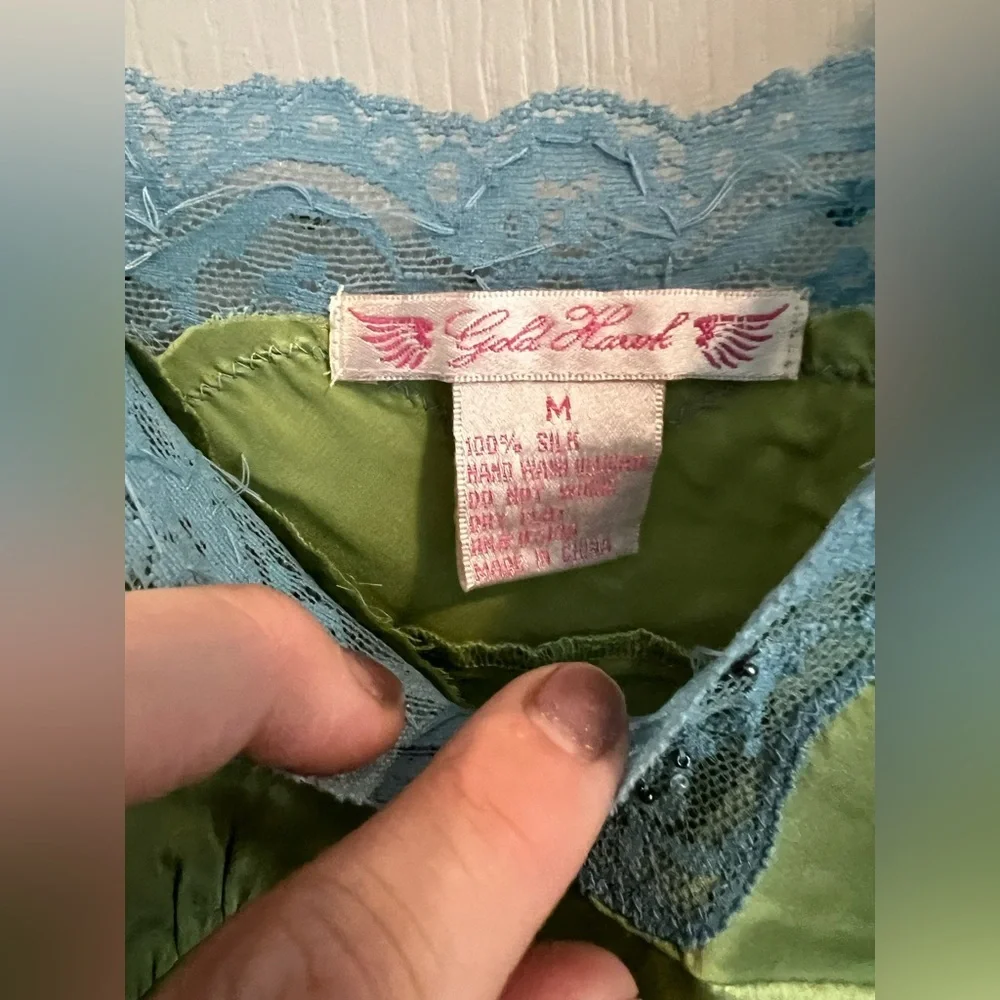 Gold Hawk Green Silk Lace Camisole Blue Trim Size M - Picture 5 of 7